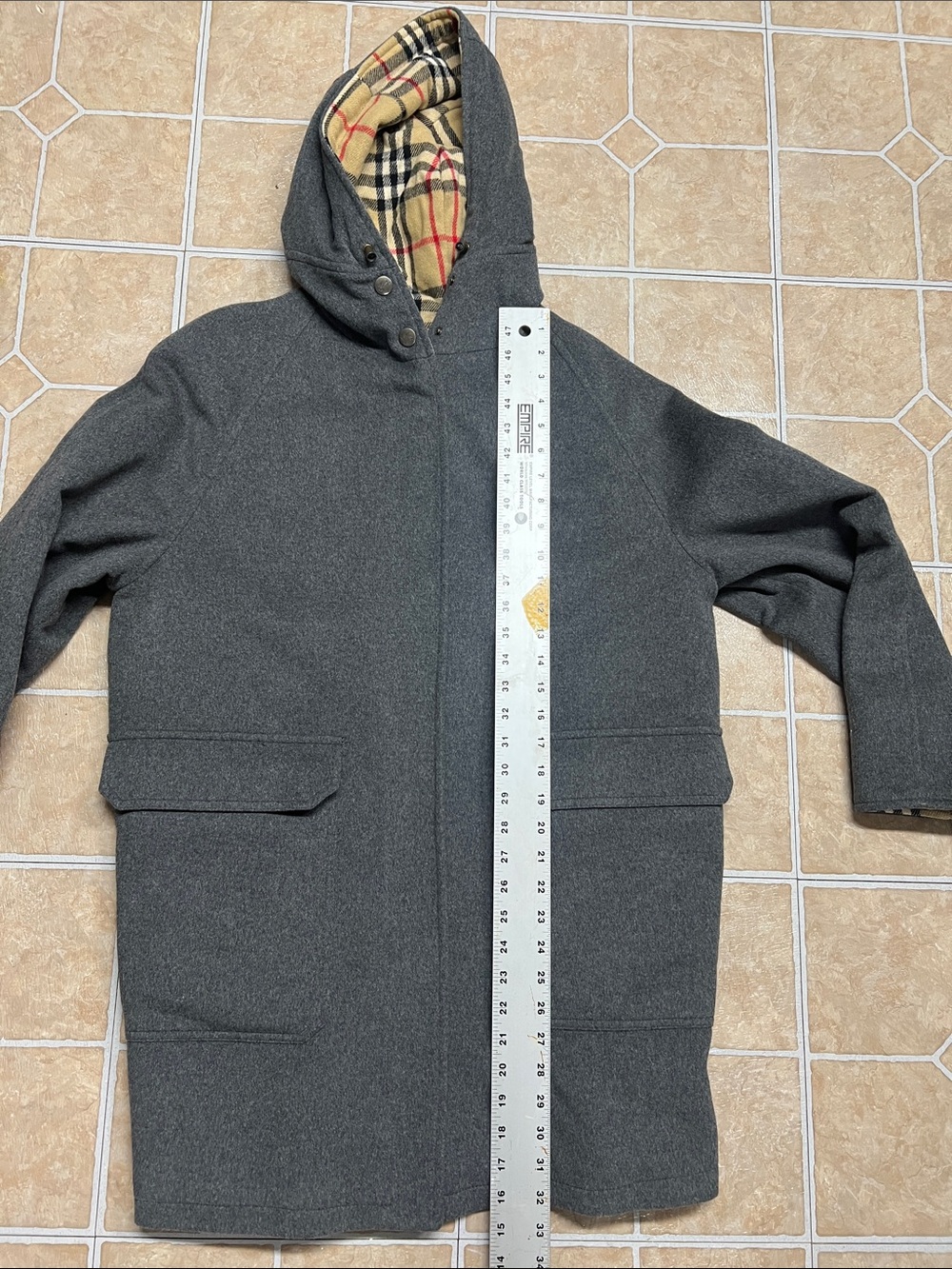 Burberry Gray Wool Pea Coat with Beige Check Lining - Picture 10 of 10